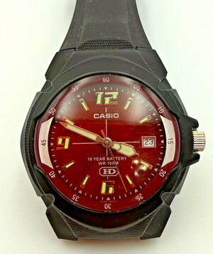 Vintage Casio Quartz HD MW-600 2719 Red Dial Black Resin Factory Band GLOWS